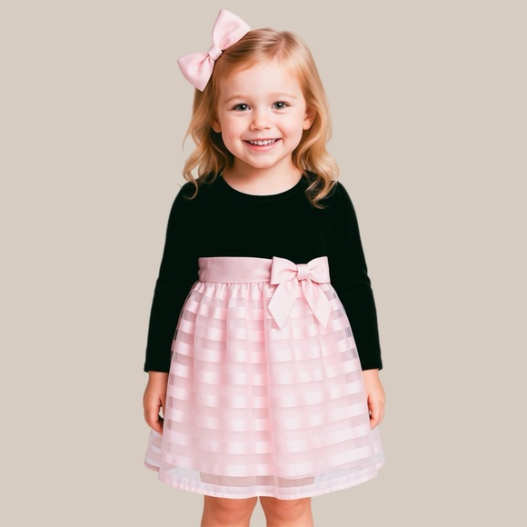 Perfectly Dressed Party Dress Girls Size 5 Black Velvet Pink Satin Bow Holiday - Picture 1 of 7